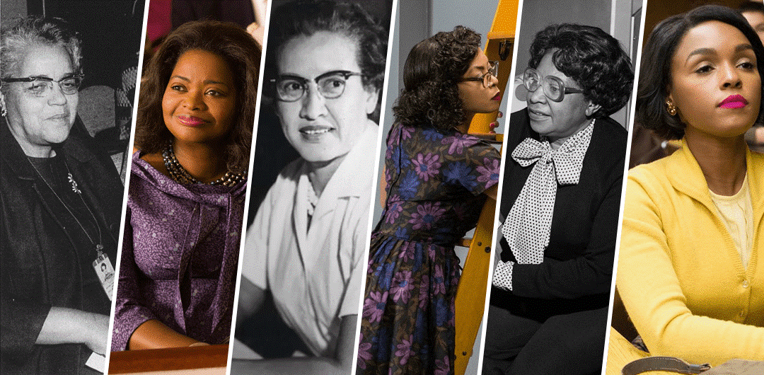 Scientists Katherine Johnson, Dorothy Vaughan and Mary Jackson with the cast of the film "Hidden Figures."