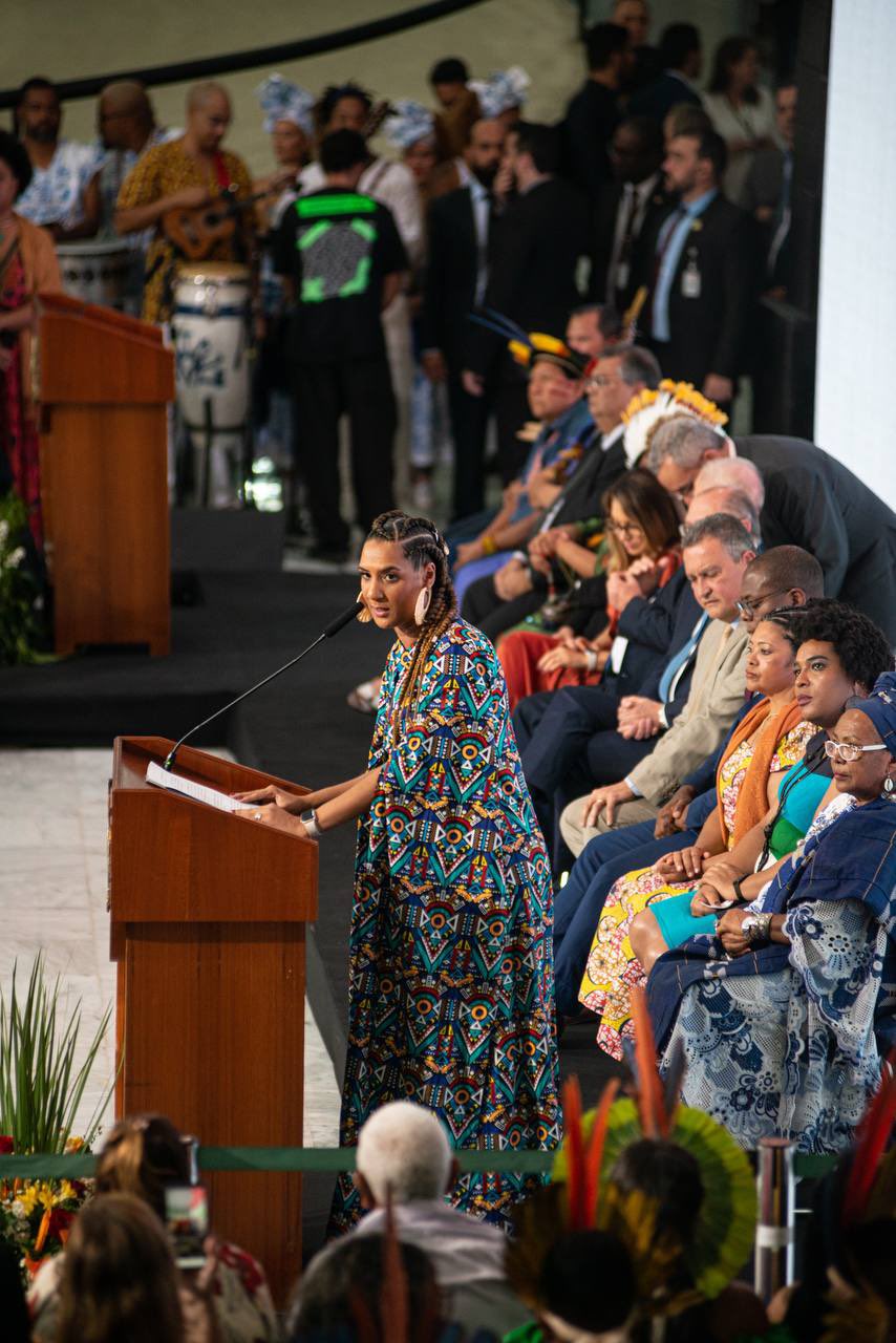 Anielle Franco speaks at her inauguration as Minister of Racial Equality. Photo: Matheus Alves/Jornal O Cidadão