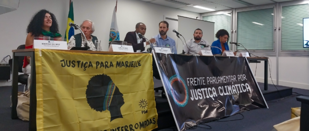 Launch of Parliamentary Front for Climate Justice. Left to right: Marina do MST, Carlos Minc, Professor Josemar, Flávio Serafini, Yuri Moura, and Renata Souza. Photo: Vinícius Ribeiro
