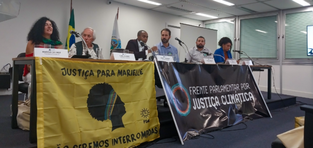 Launch of Parliamentary Front for Climate Justice. Left to right: Marina do MST, Carlos Minc, Professor Josemar, Flávio Serafini, Yuri Moura, and Renata Souza. Photo: Vinícius Ribeiro