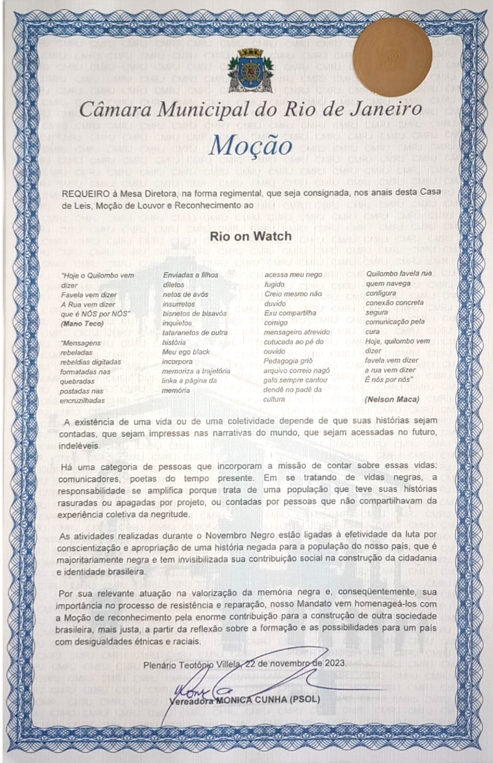 Example of a Motion of Praise and Recognition, this one given to RioOnWatch, as a portal for favela narratives and an anti-racist means of communication. 
