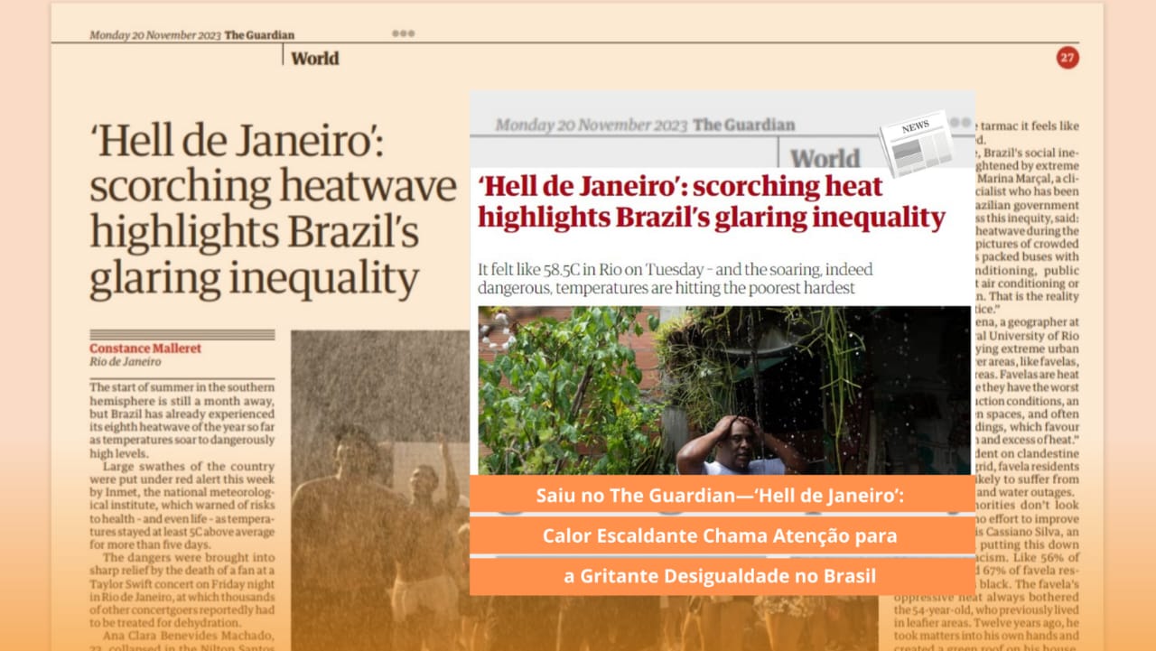 Image from The Guardian article with a photo captioned "A man cools off in the Parque Arará favela in Rio de Janeiro." Photo embedded in the image by Silvia Izquierdo/AP.