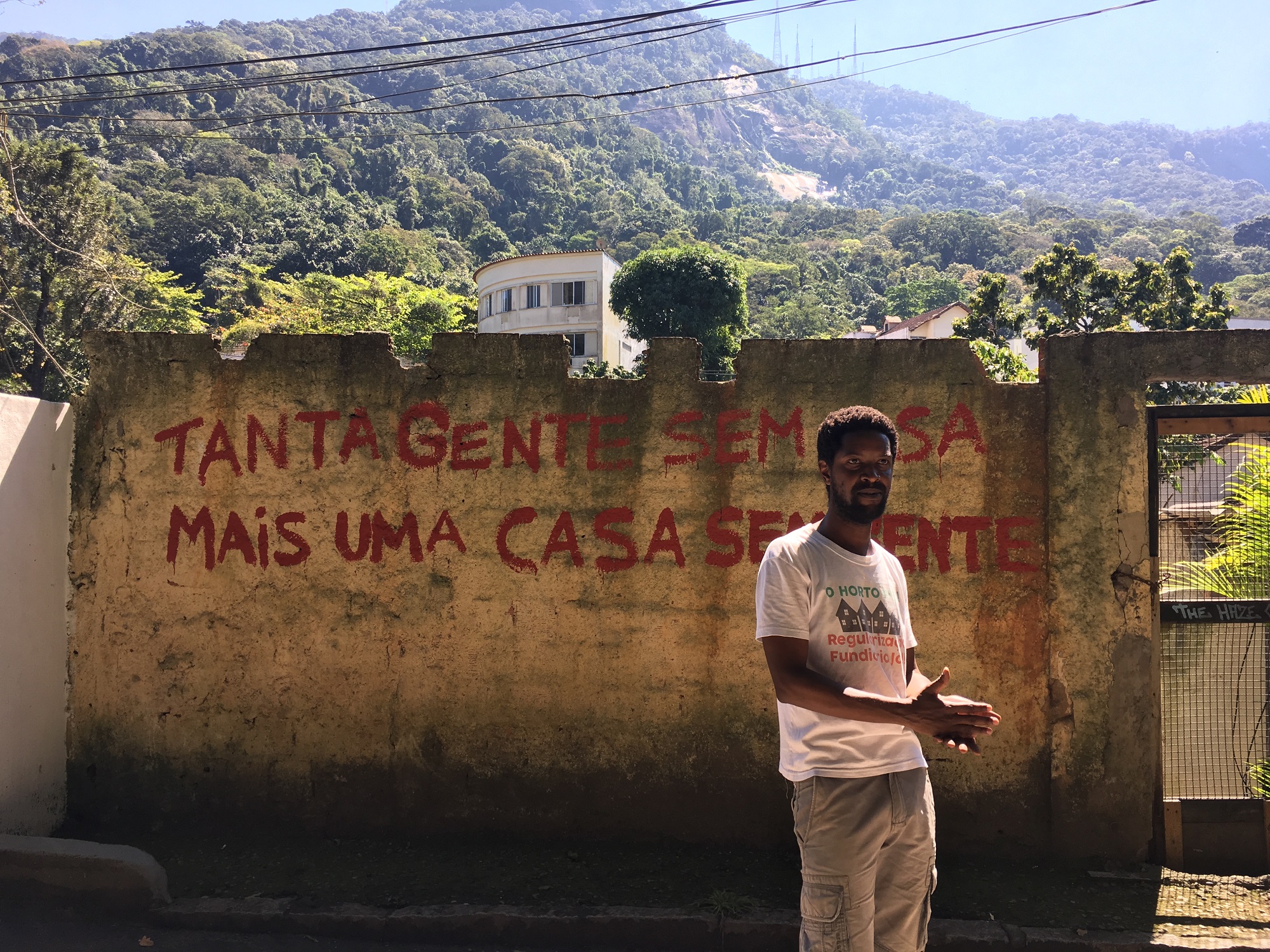 Emerson Souza, co-founder of the Horto Museum, in front of one of the houses whose occupants were forcibly evicted. Photo: CatComm Emerson Souza, co-founder of the Horto Museum, in front of one of the houses whose occupants were forcibly evicted. Photo: CatComm