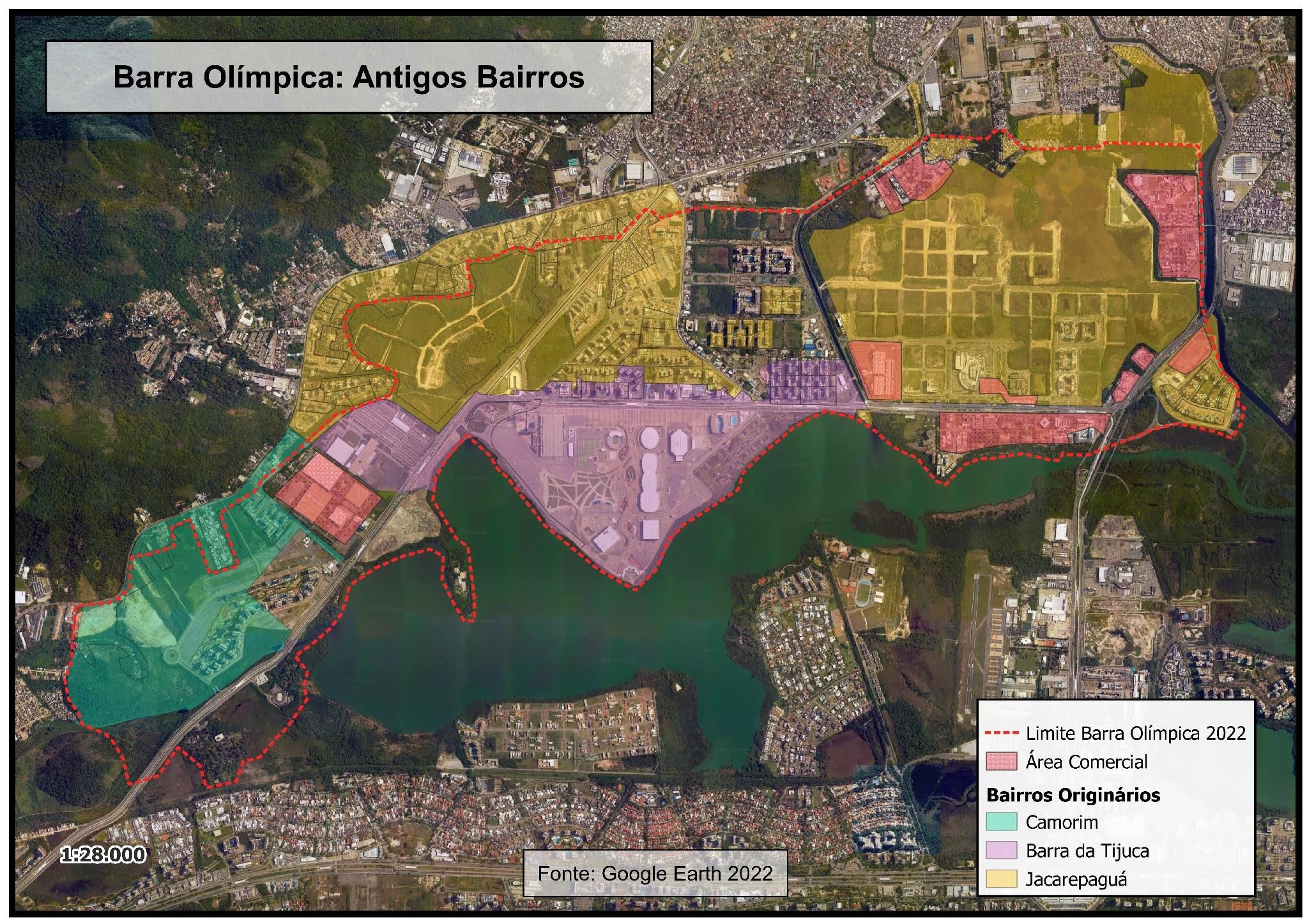 Map showing the areas that were carved out of Curicica, Camorim and Barra da Tijuca to form Barra Olímpica in 2024. Source: Google Earth Map showing the areas that were carved out of Curicica, Camorim and Barra da Tijuca to form Barra Olímpica in 2024. Source: Google Earth