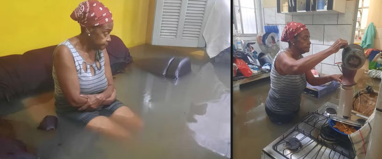 Dona Norma de Morais, 70, an elderly retired woman living in Jardim América in Rio's North Zone, sits alone on her sofa, taking in the destruction left in her living room after flooding in January 2024. She then attempts to behave normally in her kitchen despite the waist-high contaminated flood water. As climate change intensifies, such scenes are becoming increasingly common, disproportionately affecting the world's most vulnerable communities. Photo Source: Personal Archive Dona Norma de Morais, 70, an elderly retired woman living in Jardim América in Rio's North Zone, sits alone on her sofa, taking in the destruction left in her living room after flooding in January 2024. She then attempts to behave normally in her kitchen despite the waist-high contaminated flood water. As climate change intensifies, such scenes are becoming increasingly common, disproportionately affecting the world's most vulnerable communities. Photo Source: Personal Archive