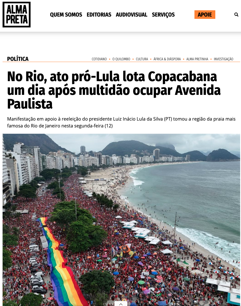 Alma Preta headline featuring an aerial view of the demonstration in support of Lula’s reelection in Copacabana, Rio de Janeiro, on October 12, 2026. Photo: Alma Preta Alma Preta headline featuring an aerial view of the demonstration in support of Lula’s reelection in Copacabana, Rio de Janeiro, on October 12, 2026. Photo: Alma Preta